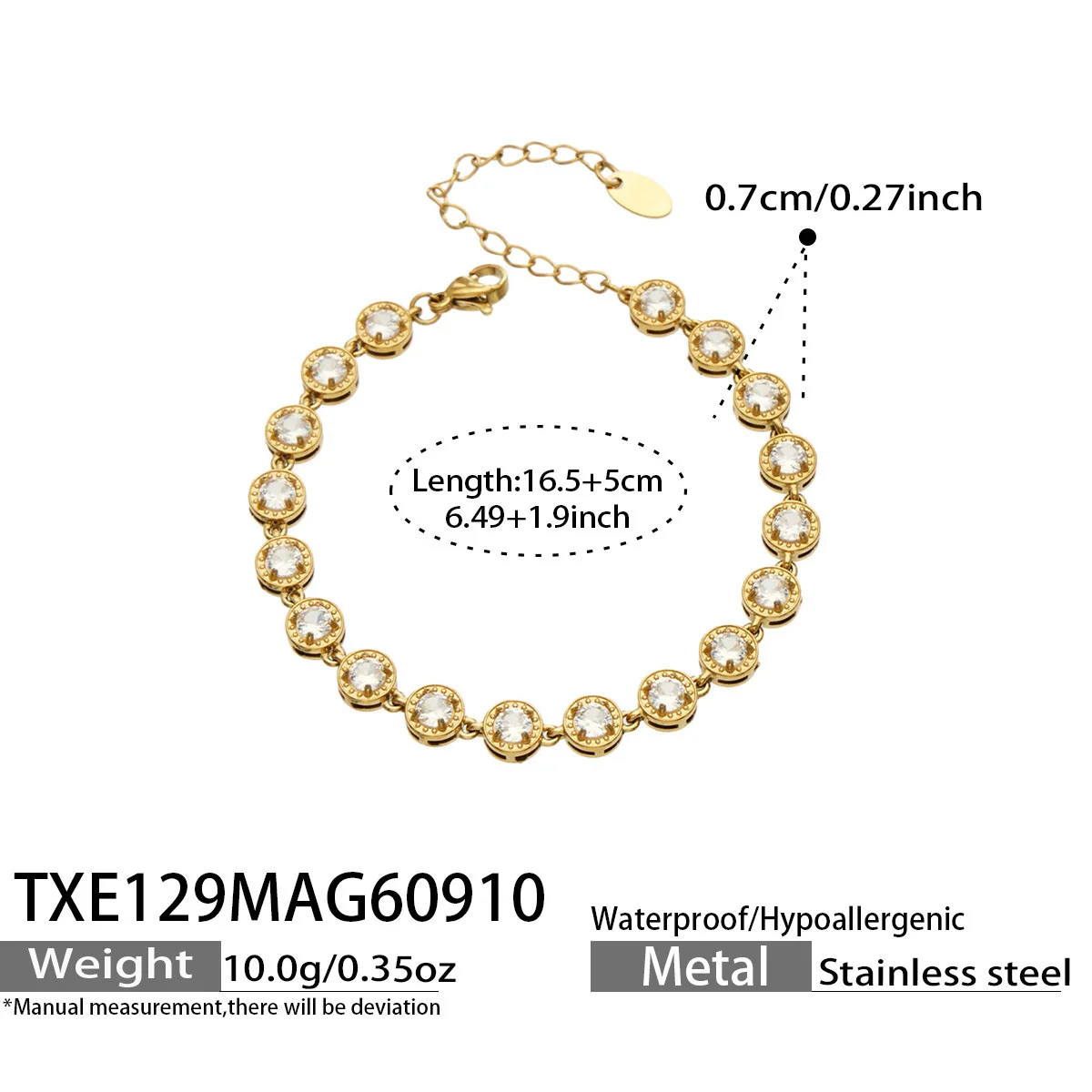 Runde Zirkon-Tennis-Halskette, Armband und Ohrringe, 18k vergoldeter Edelstahl, 3-teiliges Hochzeitsschmuck-Set – Detail 8