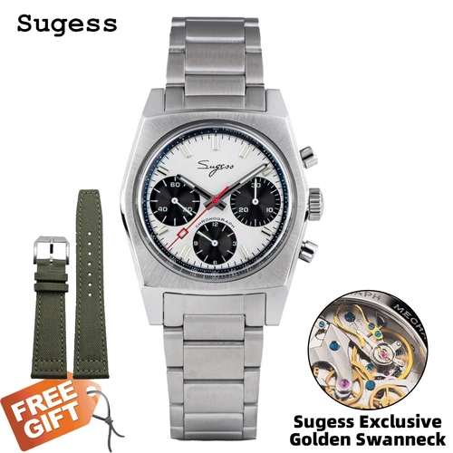 Sugess 37mm relojes de piloto para hombre Original ST19 cronógrafo Swanneck relojes de pulsera mecánicos cúpula cristal de zafiro fuerza ejército 2024