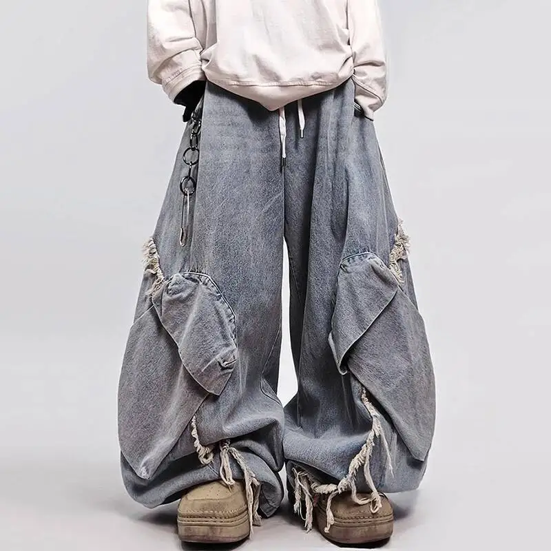 Men Distressed Wide Leg Denim Pants Baggy Streetwear Hip Hop Vintage Fashion Style 2026 Spring New Trousers DFER5