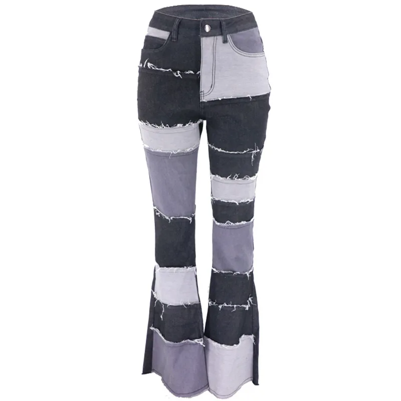 Pantaloni svasati Jeans da donna Taglio a stivale Patchwork Vita alta Stretch Distressed Pantaloni jeans femminili lavati vintage Streetwear