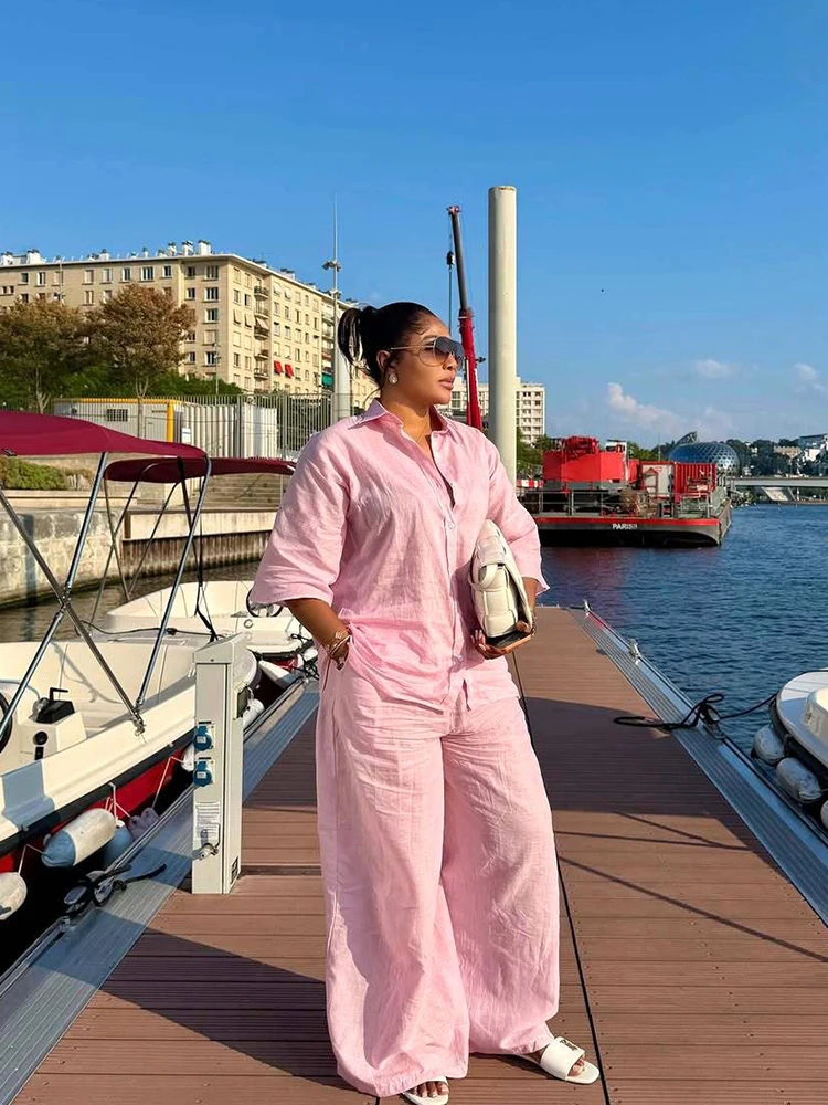 African Fashion Pink Two Piece Set Women Solid Collar Button Down Shirt with Long Pants Modest Summer Clothes Casual Loose Suit