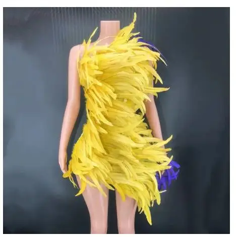 Sexy Yellow Feather Elegant Vitality Dress Trending Fashion Womens Wear Clothing Dress Sleeveless Mini Club Dresses for Party