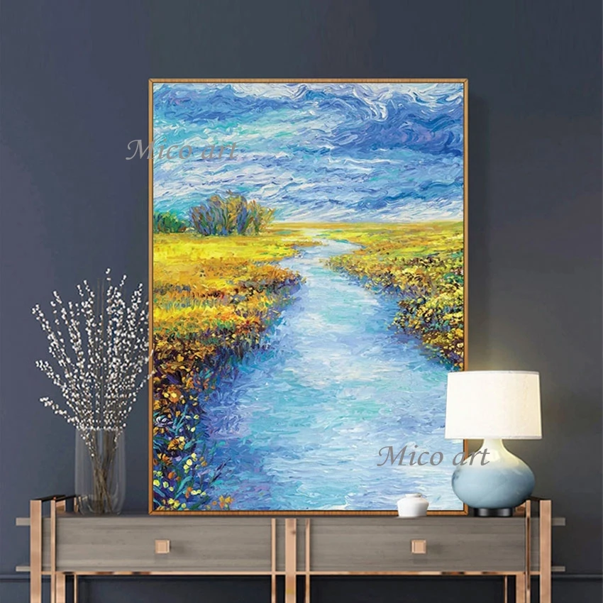 3d Picture Beautiful Scenery Acrylic Knife Painting Stream Meadow Unframed Canvas Modern Abstract Art Painting Artwork Designer