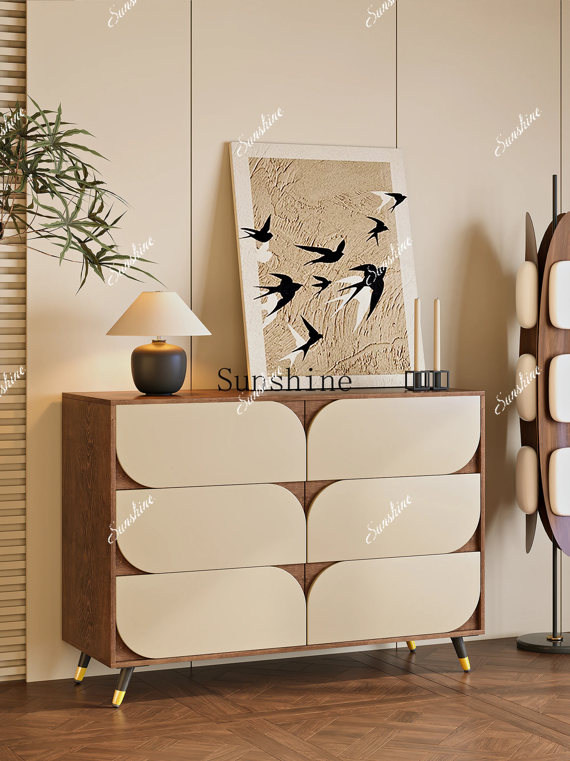 Retro solid wood dining side cabinet against the wall, simple shelf in the bedroom FT