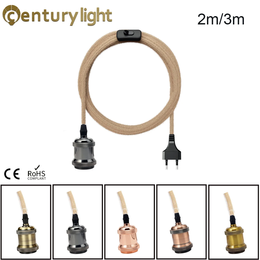 Cable de alimentación para lámpara colgante, cable de cáñamo E26 E27, enchufe de la UE con interruptor, cable de enchufe de bombilla Edison, 2M, 3M