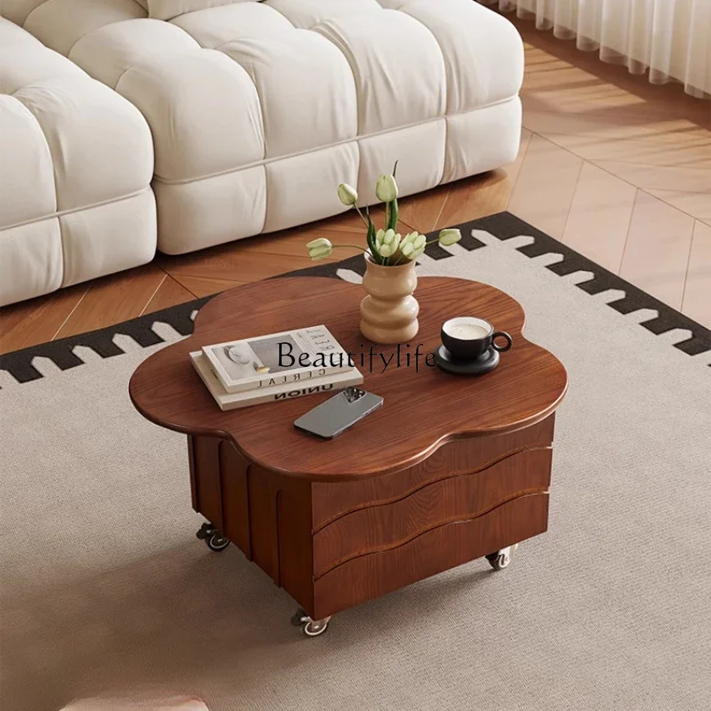 Medium retro style multi-functional coffee table special-shaped petals solid wood lifting mobile coffee table