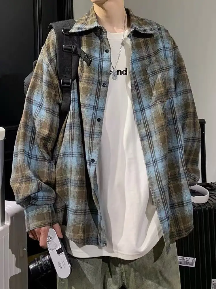 

American Retro Plaid Long Sve Men's irt Spring Autumn Loose Casual Outerwear Couple's irt Cotton Polyester Fabric