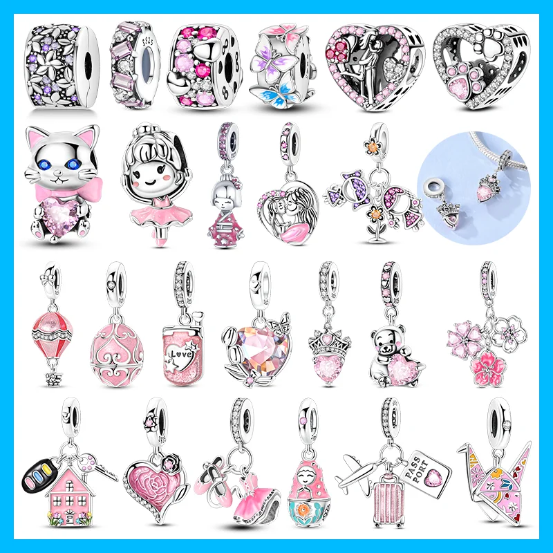 Abalorios Originales de Plata Bañada con Diseño de Gato Bailarina, Oso Sakura y Corazón de Circonita, Compatibles con Pulseras, Bolsos y Llaveros, Accesorio de Regalo DIY para Mujer
