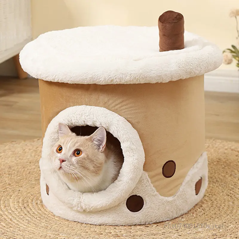 One Nest Dual-Use Milk Tea Coffee Cup Shaped Cat Nest, Fully closed, Warm, Winter, Thickened, Small Dog, Teddy Kennel, Pet