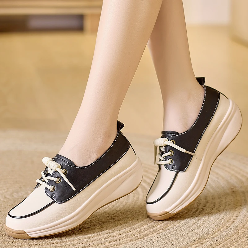 

Women's Color Block Rocker Sole Sneakers, Elastic Lace-Up Casual Walking Shoes
