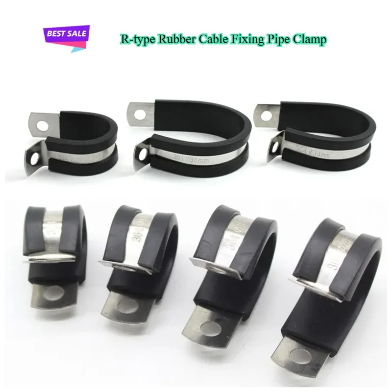 20Pcs/Lot 6mm-55mm R-type Rubber Cable Fixing Pipe Clamp Rubber 304 Stainless Steel Lined P Clips Cable Mounting Hose Pipe Clamp