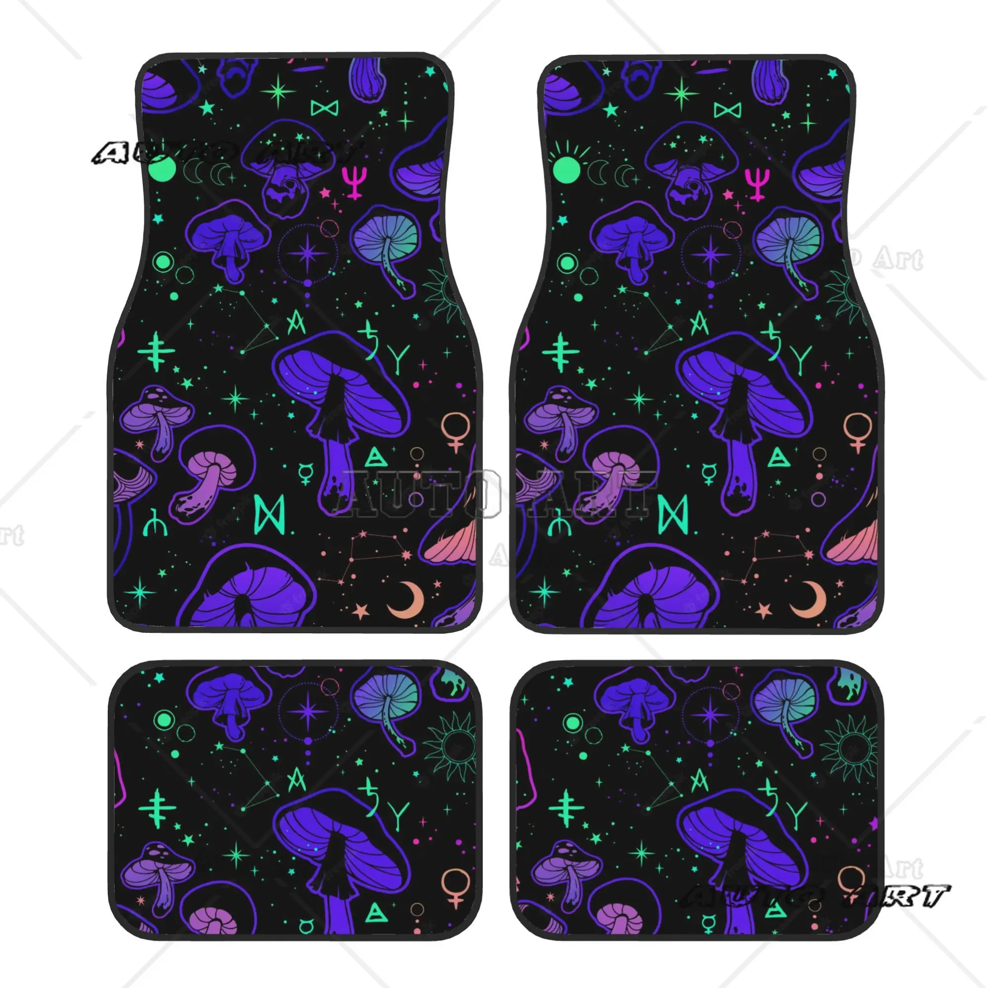 Psychedelic Magic Mushrooms Symbols 4PCS Crystal Velvet Car Floor Mats Set Universal Front Rear Foot Mats Car Protection Mat