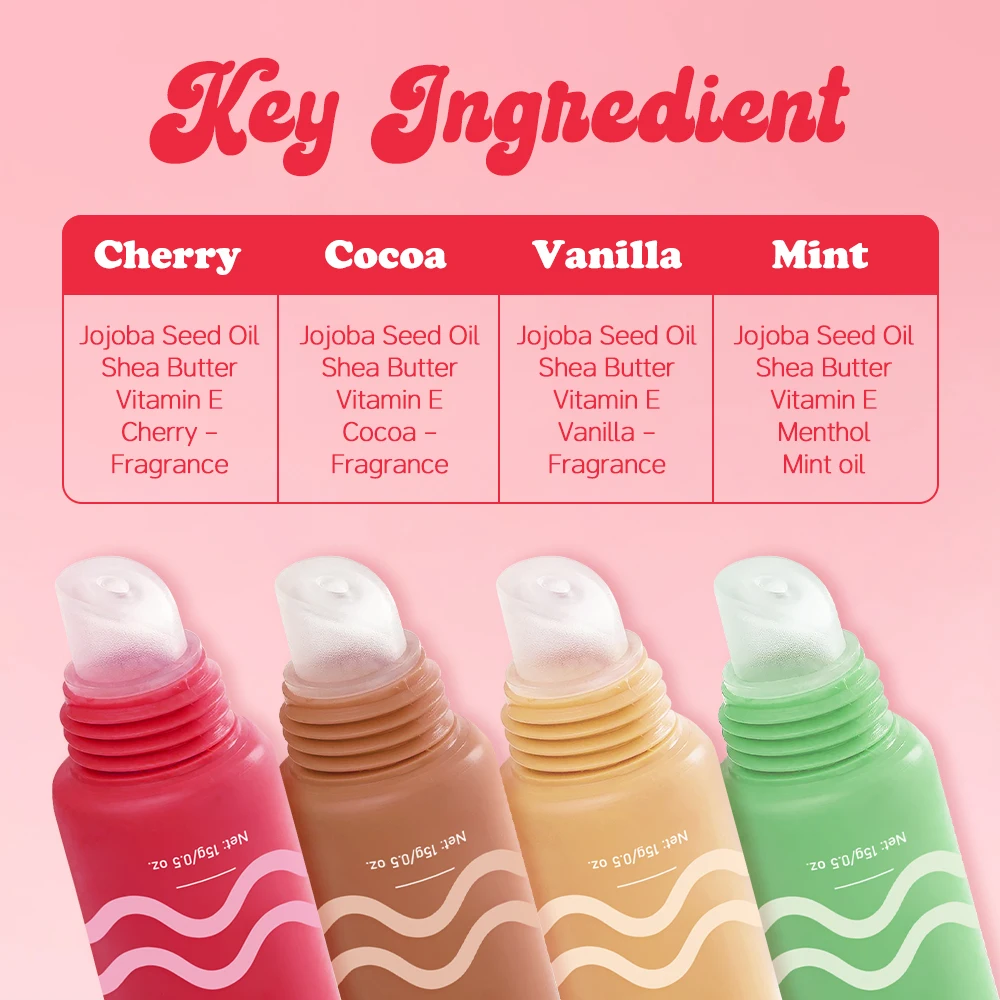 Juego de brillo de labios de cuatro sabores: bálsamo de mantequilla de labios tranquilo peptídico (cereza/menta/cacao/vainilla), mantequilla para reparación de labios secos, húmedo no pegajoso