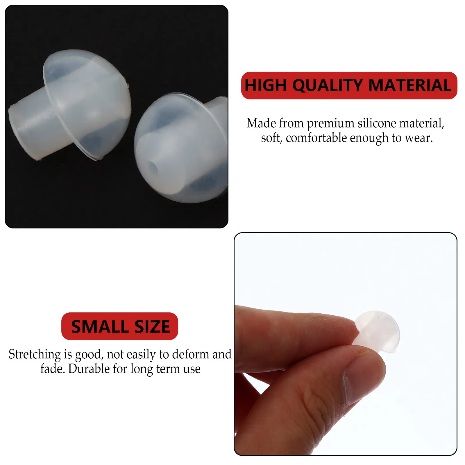 

10 шт. высококачественных сменных насадок-грибовидных вкладышей для аудиокомплектов с гибким шлангом, обеспечивающих надежную фиксацию в ухе во время использования.