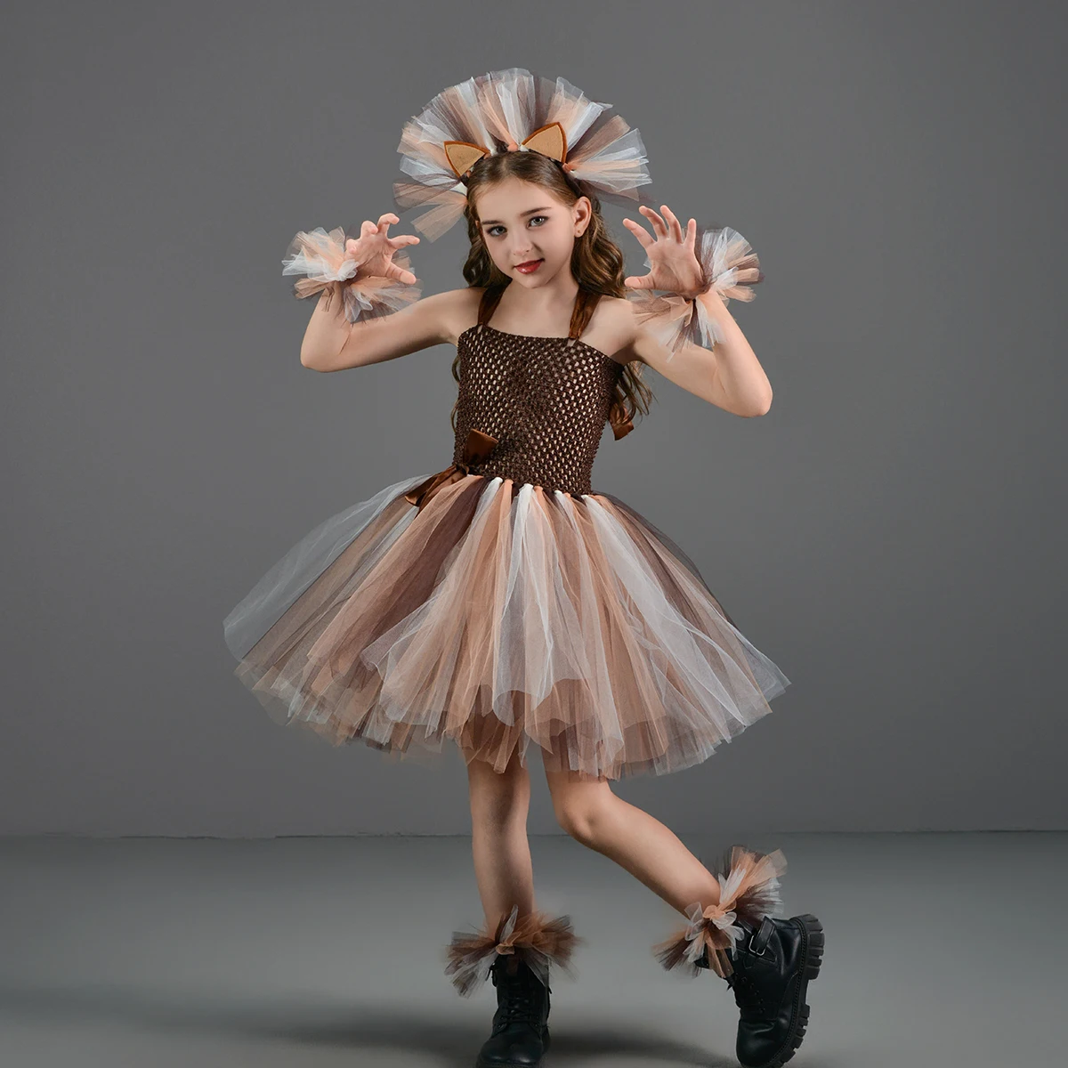 Brown Lion Costumes for Girls Jungle Animal Fancy Tutu Dress Kids Halloween Purim Cosplay Party Outfit Performance Dresses