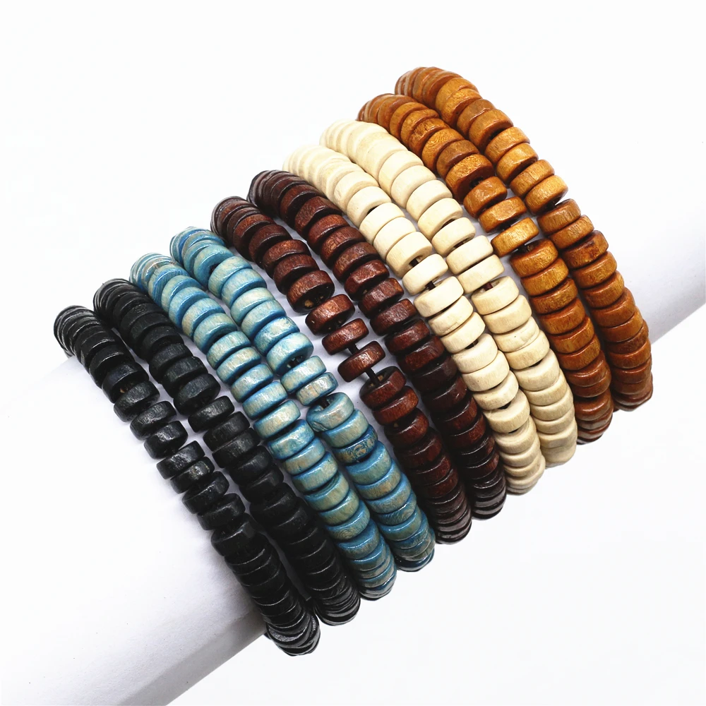 WESTBULL Wholesale Flat Wood Beads Strand Men Bracelets For Women Elastic Rope Weave Homme Male Gift Jewelry