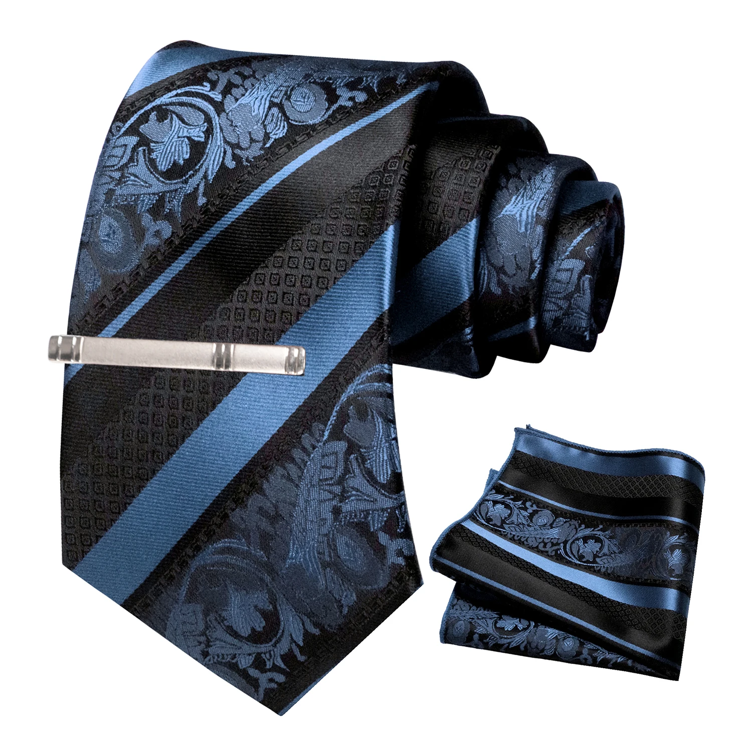 Klassische Herren-Krawatte mit Blumenmuster, 8 cm, Seidenkrawatten-Set, Einstecktuch, Krawattenklammer, Business-Anzubehör, Bräutigam-Hochzeitskrawatte – Detail 30