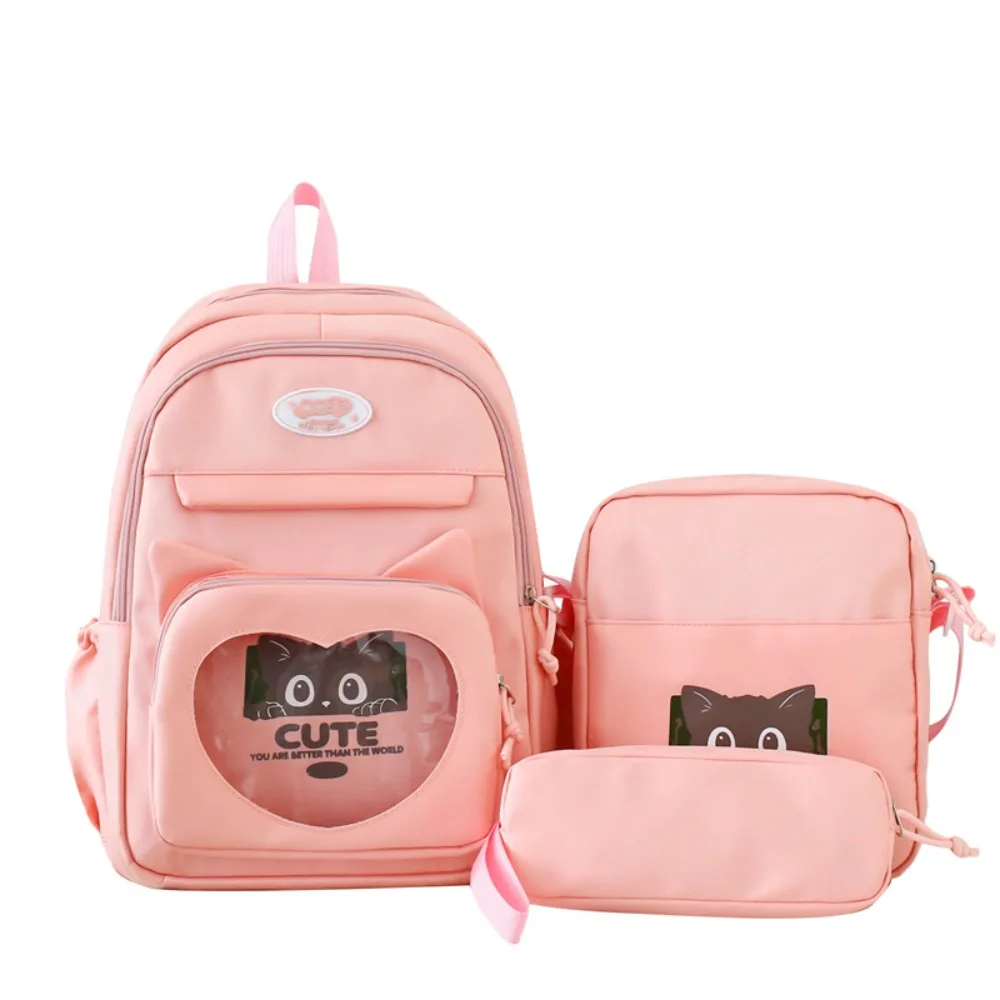 3pcs/set Nylon Transparent School Backpack Waterproof Large Capacity Cute Cat School Bag Set Badge Display Casual