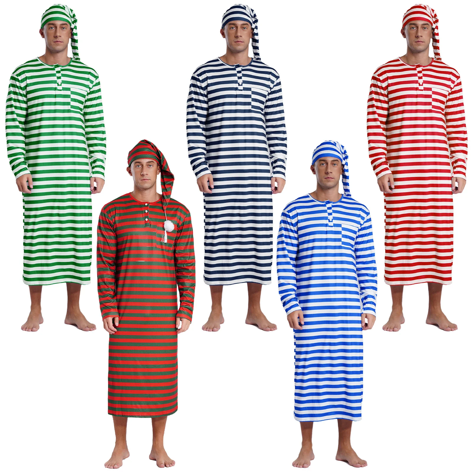 Men\'s Striped Nightshirt Sleep Robe Set Loose Soft Long Sleeve Sleeping Long Shirts with Night Cap Christmas Sleepwear Nightwear