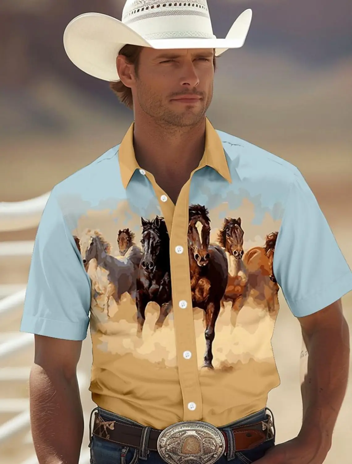 

Men's horse Western shirt cowgirl shirt short manga western style outer tribal summer spring neck Cam