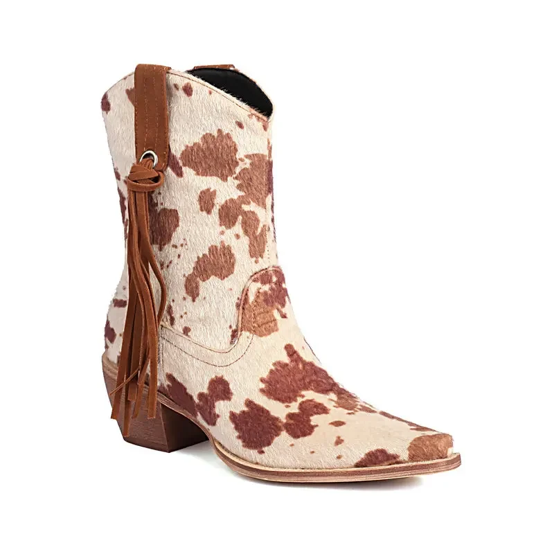Faux Fur Flannel Western Leopard Cowboy Botines Pointed Toe Chunky Heels Women Winter Shoes Ankle Cowboy Boots With Fringes