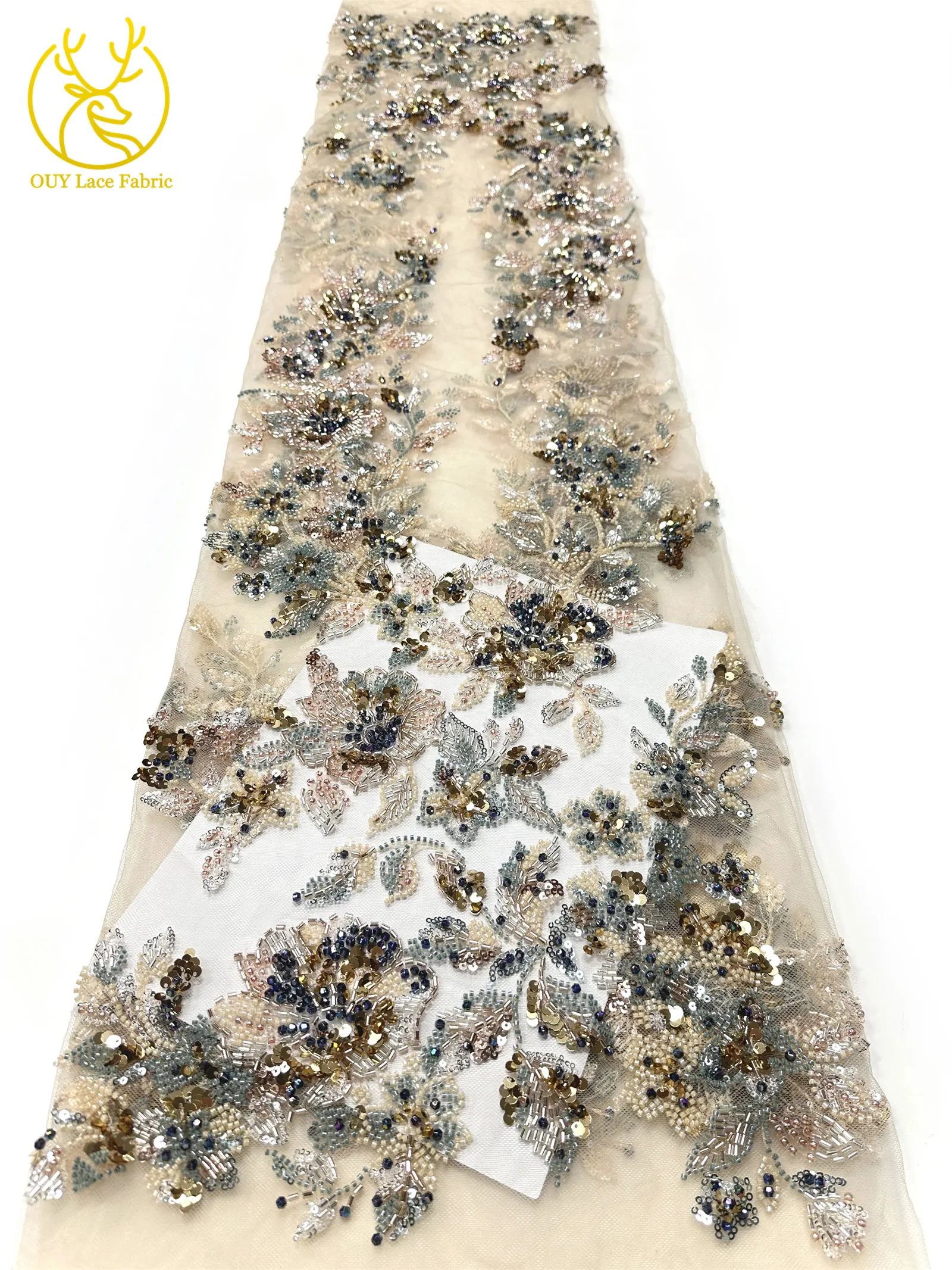 Elegantes neues Design, nigerianischer handgefertigter, stark perlenbesetzter Spitzenstoff, luxuriöse afrikanische französische Pailletten-Spitze für Damen-Partykleider zum Nähen – Detail 17