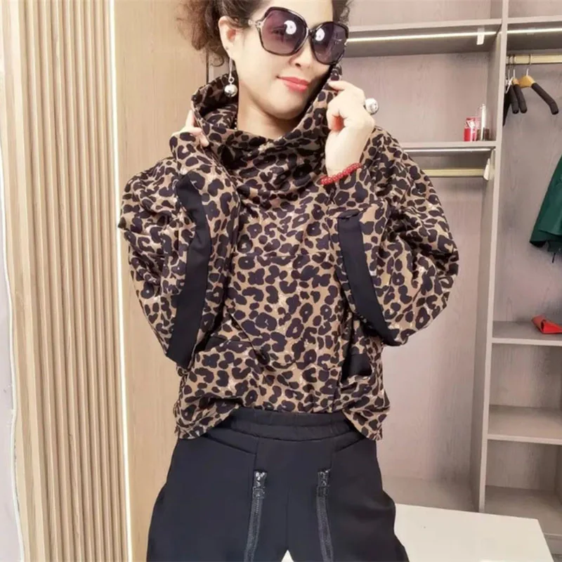 Leopard Print Plus Velvet Padded Sweater Autumn Winter New Hoodies Fashion Casual Loose Tops Women Hooded Pullover Female