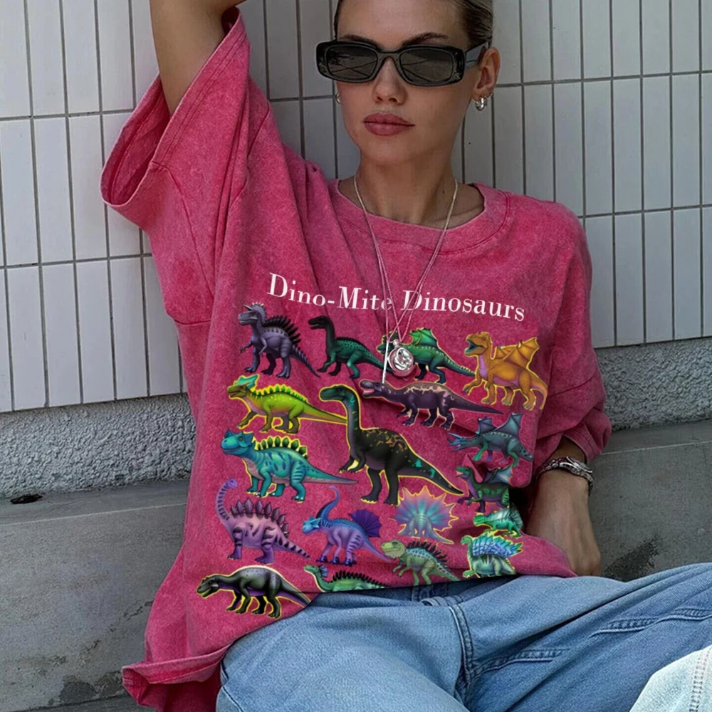 Dinosaur Graphic Print T Shirt 90s Vintage Unisex Washed Old T-shirt Hip Hop Streetwear Trendy Cotton Loose Short Sleeve