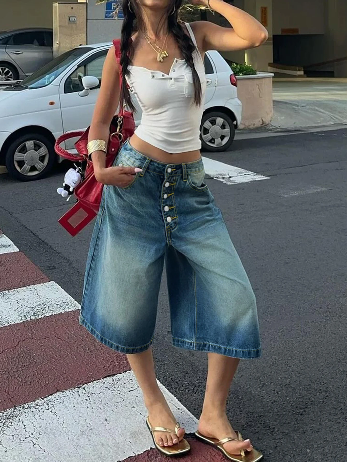 

American design sense Wash blue multi-breasted denim shorts women's casual straight leg five quarter pants boyfriend style denim