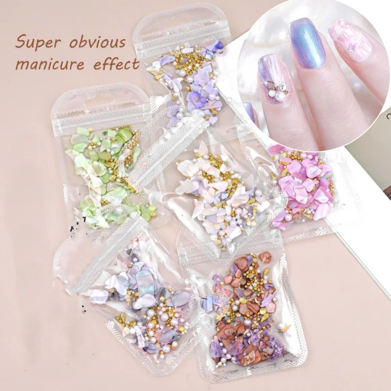 Zestaw do zdobienia paznokci, 6 sztuk, kolorowe brokatowe fragmenty muszelek, zestaw do dekoracji paznokci do manicure.