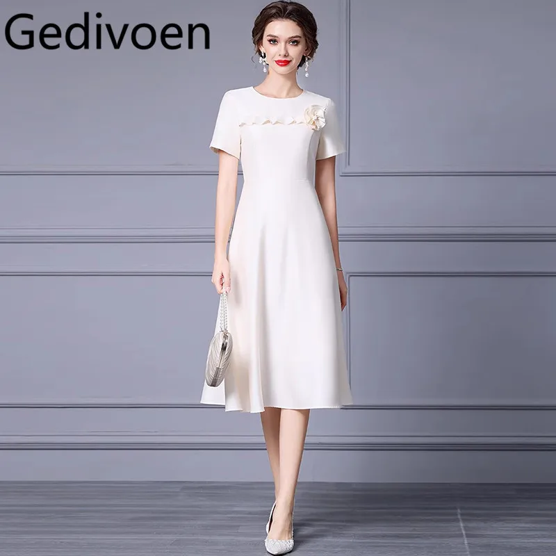 

Gedivoen Summer Fashion Runway Designer Dresses Women's Vintage Solid Color Ruffles Flowers Nail Bead Medium Length Dresses