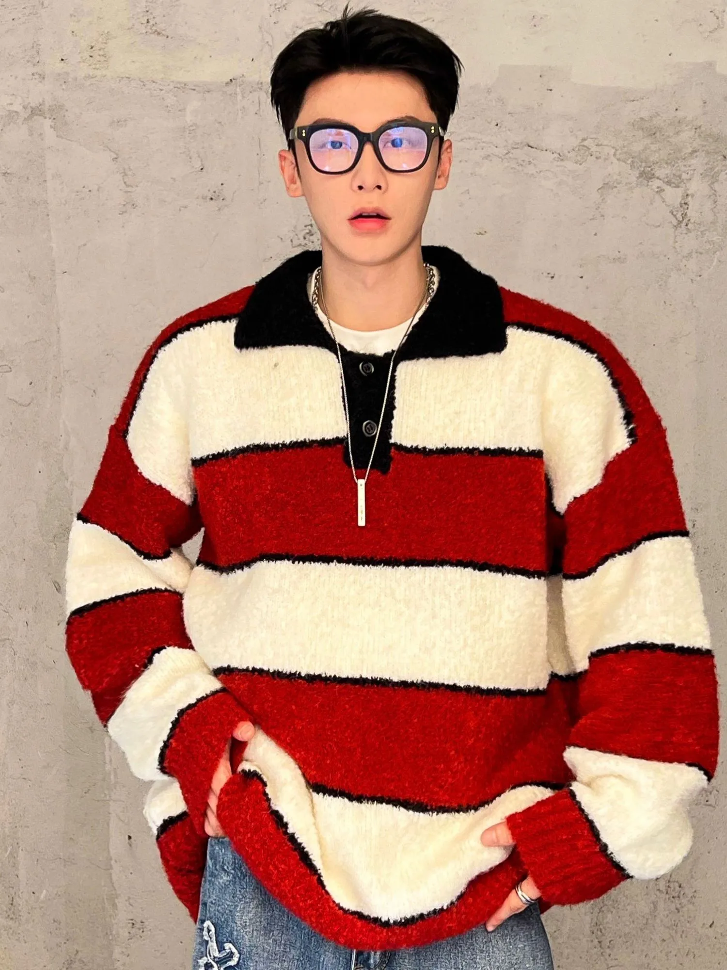 Men's Women's Long Sleeve Sweaters American Style Retro Striped Contrast Color Fashion Polo Collar Sweaters Color Matching Tops