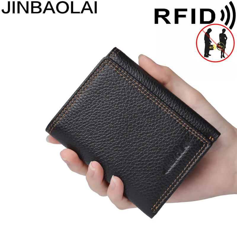 

JINBAOLAI Genuine Leather Wallet Men Casual Short Tri-Fold RFID Blocking Card Wallet Cardholder Purse Cartera Hombre Men Wallet