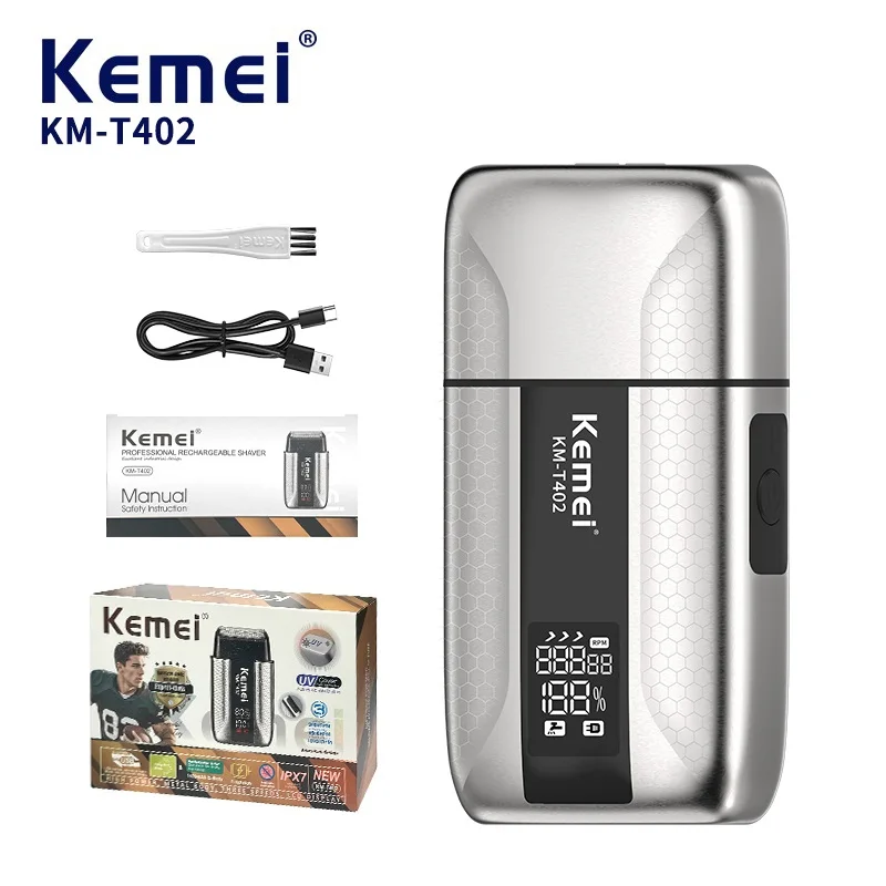kemei-t402-プロフェッショナルバリカン-メンズ用-防水電気往復式シェーバー-バリカンシェービング-バルドヘッド-uvカバー-3段階速度調整