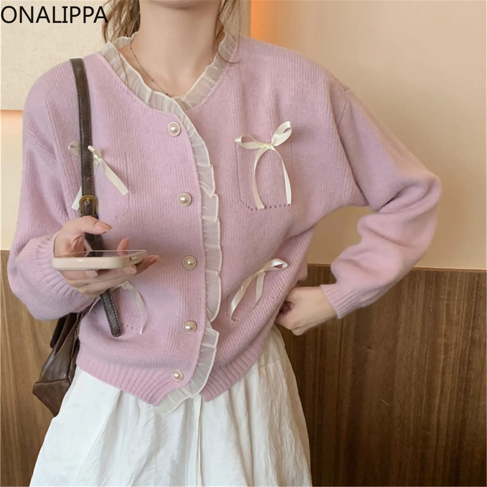 Onalippa Bows Patchwork Sweet Knitted Cardigan Wood Ear Hem Single Breasted Loose Cardigans Gentle Wind Kawaii Loose Sweater