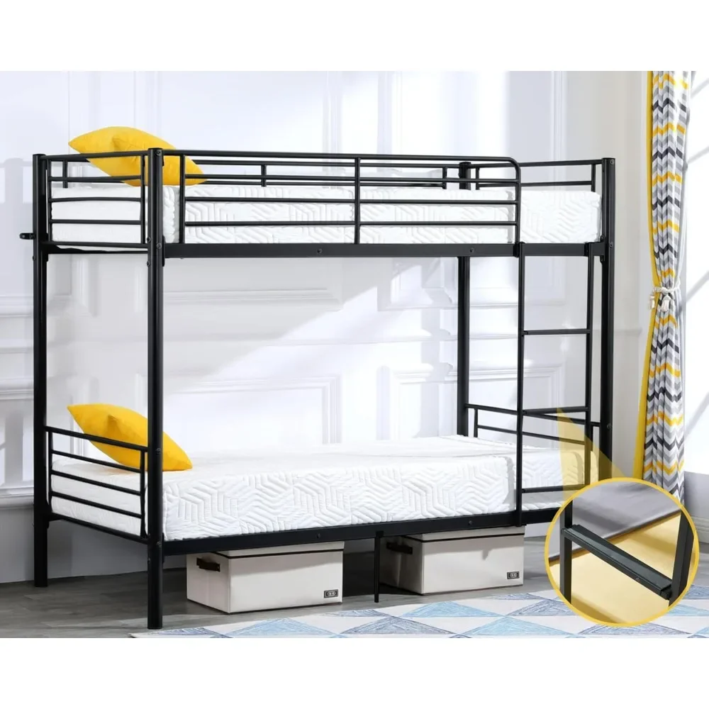 

Bunk Bed Twin Over Twin, Twin Bunk Beds for Kids/Teens/Adults, Flat Ladder and High Guardrail, Metal Bunk Bed with Stairs