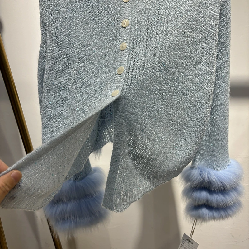 2025 حار بيع تصميم خاص الأبيض رقيقة الفراء محبوك معطف الفتاة الفاخرة ضئيلة ريال فوكس الفراء سترة ارتداء