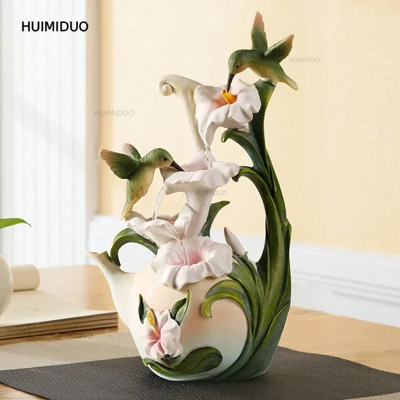 Hummingbird lily flowing water fountain ornaments small table decorations creative home accessories resin process customization