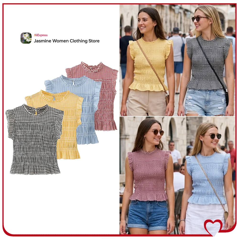 

New in Summer Stylish Gingham Smocked Tops for Women Elegant Chic Round Neck Sleeveless Blouse Finished with Ruffles and Elastic