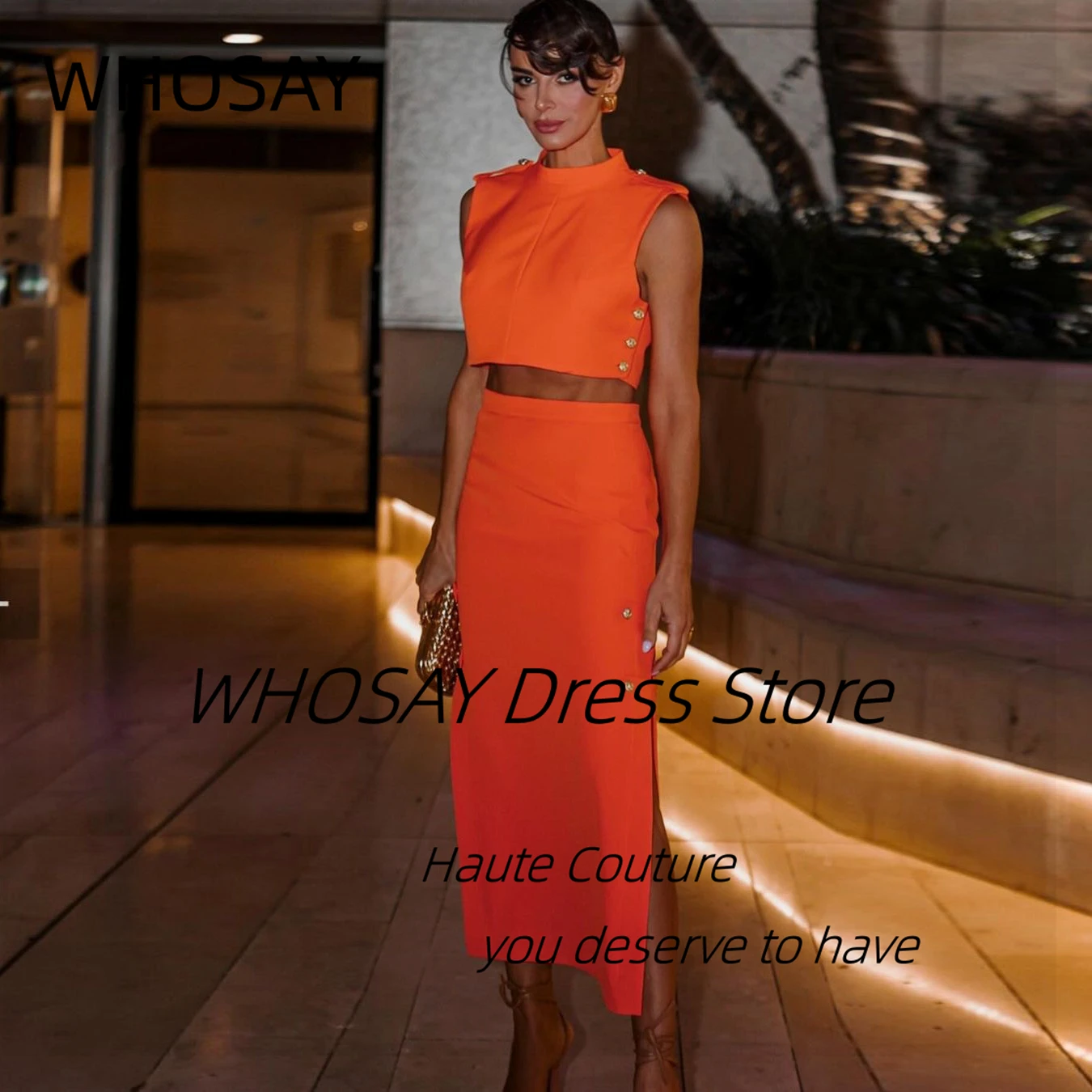 

WHOSAY Cool Girls Wear High Collar Prom Dresses Two Pieces Office Ladies Side Slit Evening Party Dress with Buttons Customized