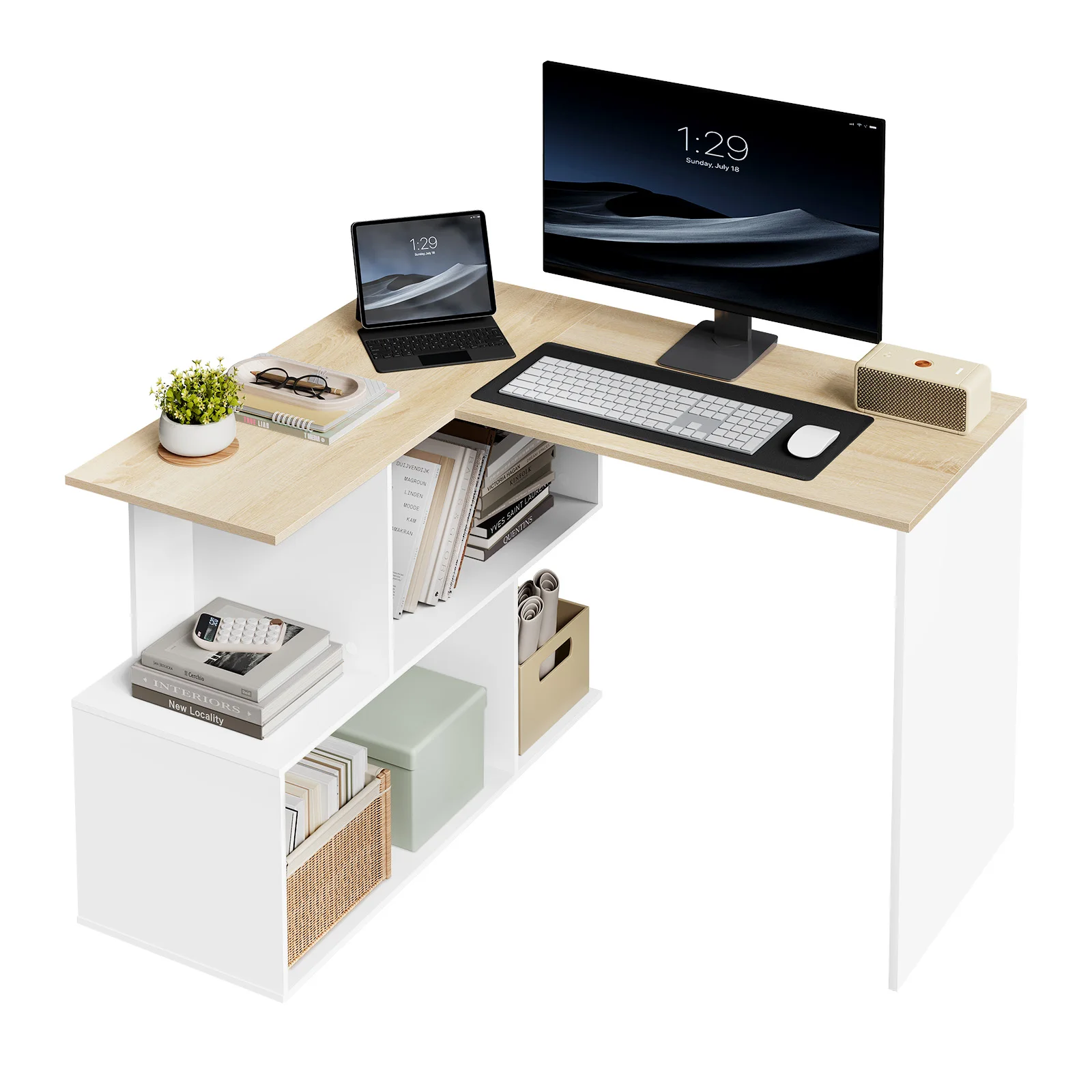 WOLTUL Geformter Schreibtisch, Gaming-Tisch, 120 x 100 cm, mit Stauraum, Computertisch mit Regal, Eckschreibtisch für Wohnzimmer, Arbeit