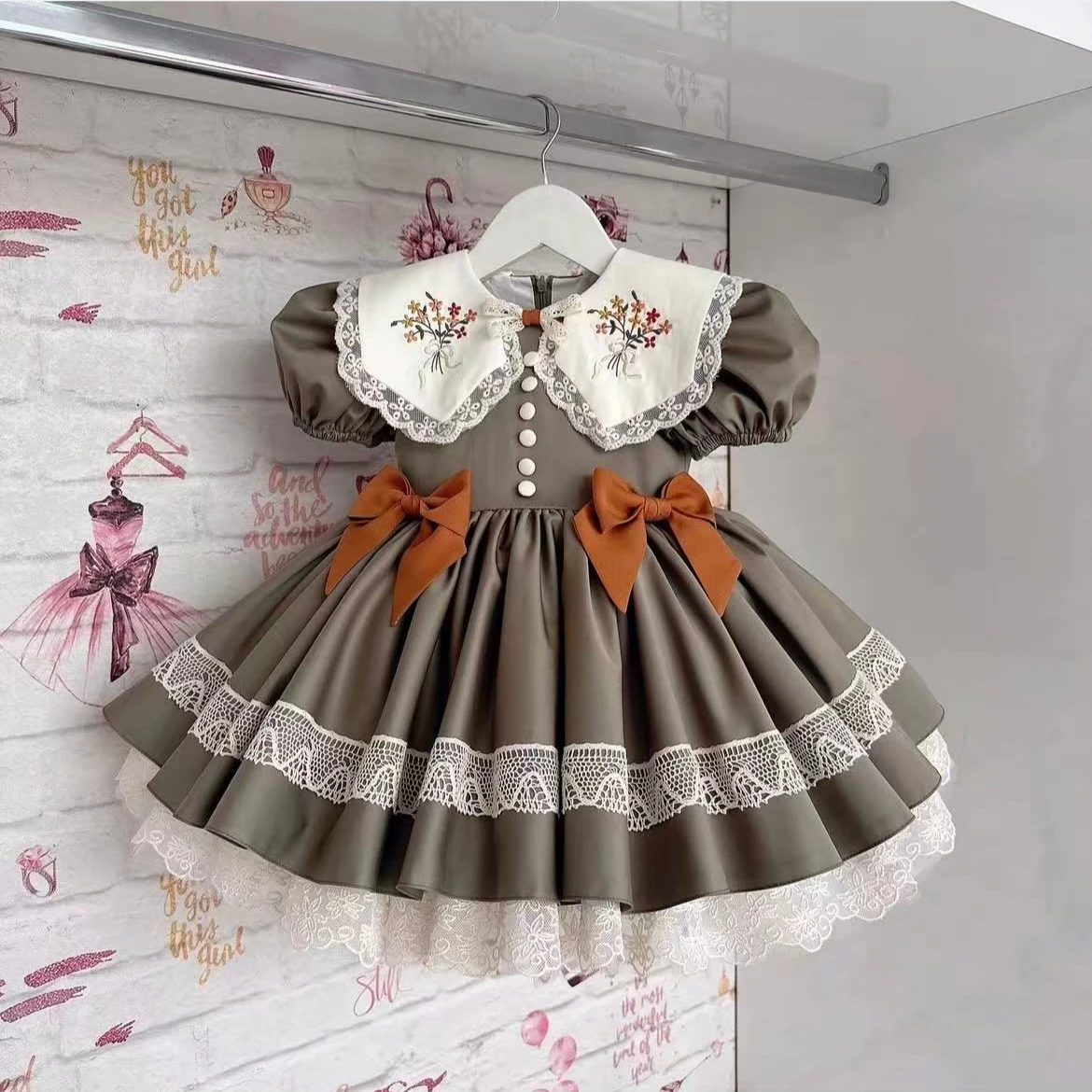 

0-12Y Baby Girl Summer Flower Embroidery Vintage Princess Grey Dress for Birthday Photography Holiday Eid B432