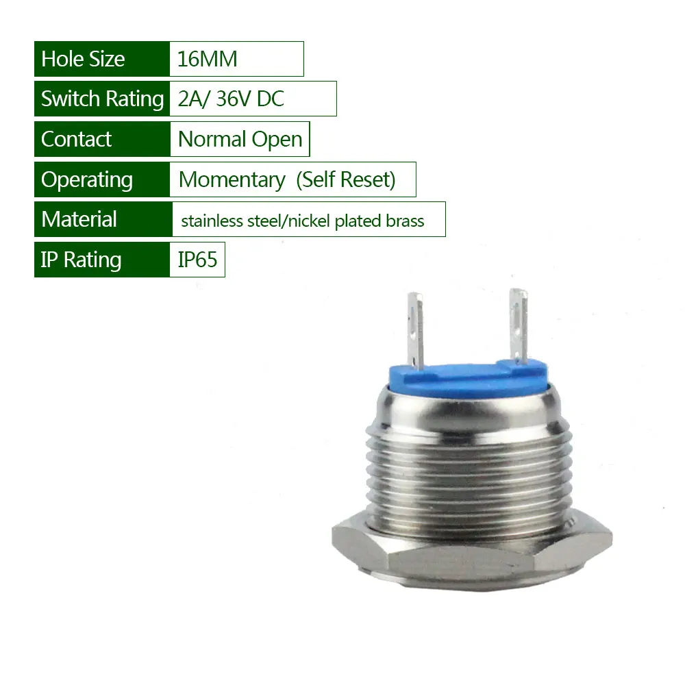 16mm Momentary Push Button Switch Metal Stainless Steel Nickel Plated Brass Waterproof Push-button Switch With 2 Pin Termlmal