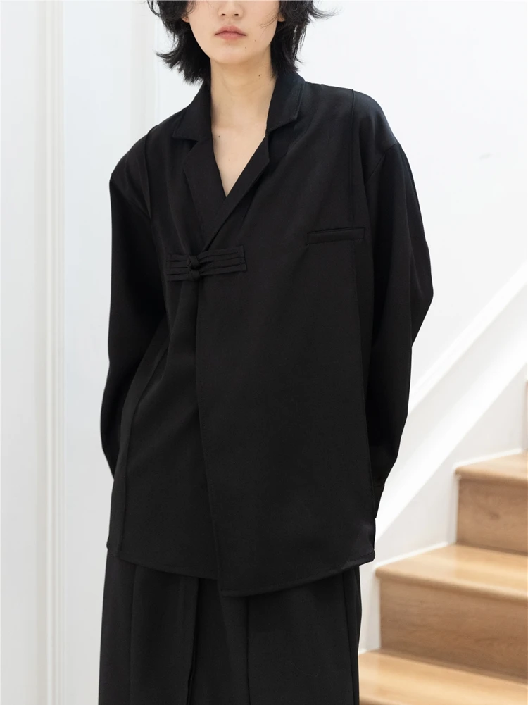 

SUNYVONNE Dark Design Sensation Chinese Style Shirt with Button Placket Stand Collar Drapey Fabric Women's Premium Fashion