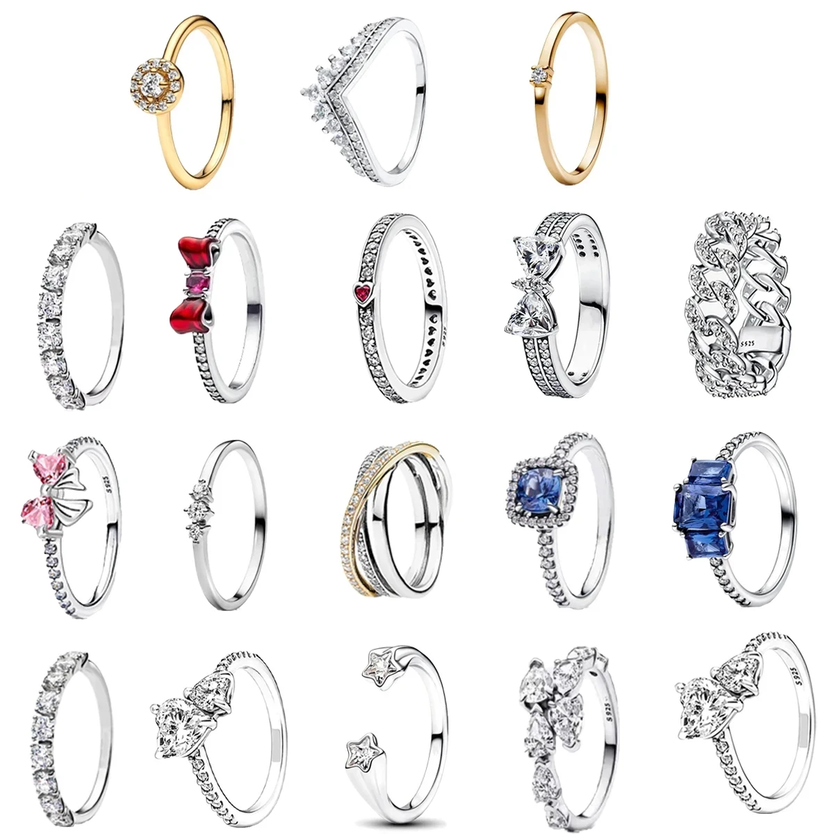 

Original 925 Sterling Silver Ring Bow Heart Sun Moon Star Flower Crown Rings For Women Valentine's Birthday Gift DIY Jewelry