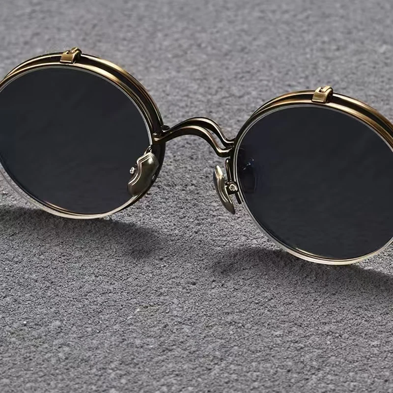 Retro round pure titanium UV400 polarized light clip sunglasses with anti UV and anti reflection flip vintage glasses with 4lens