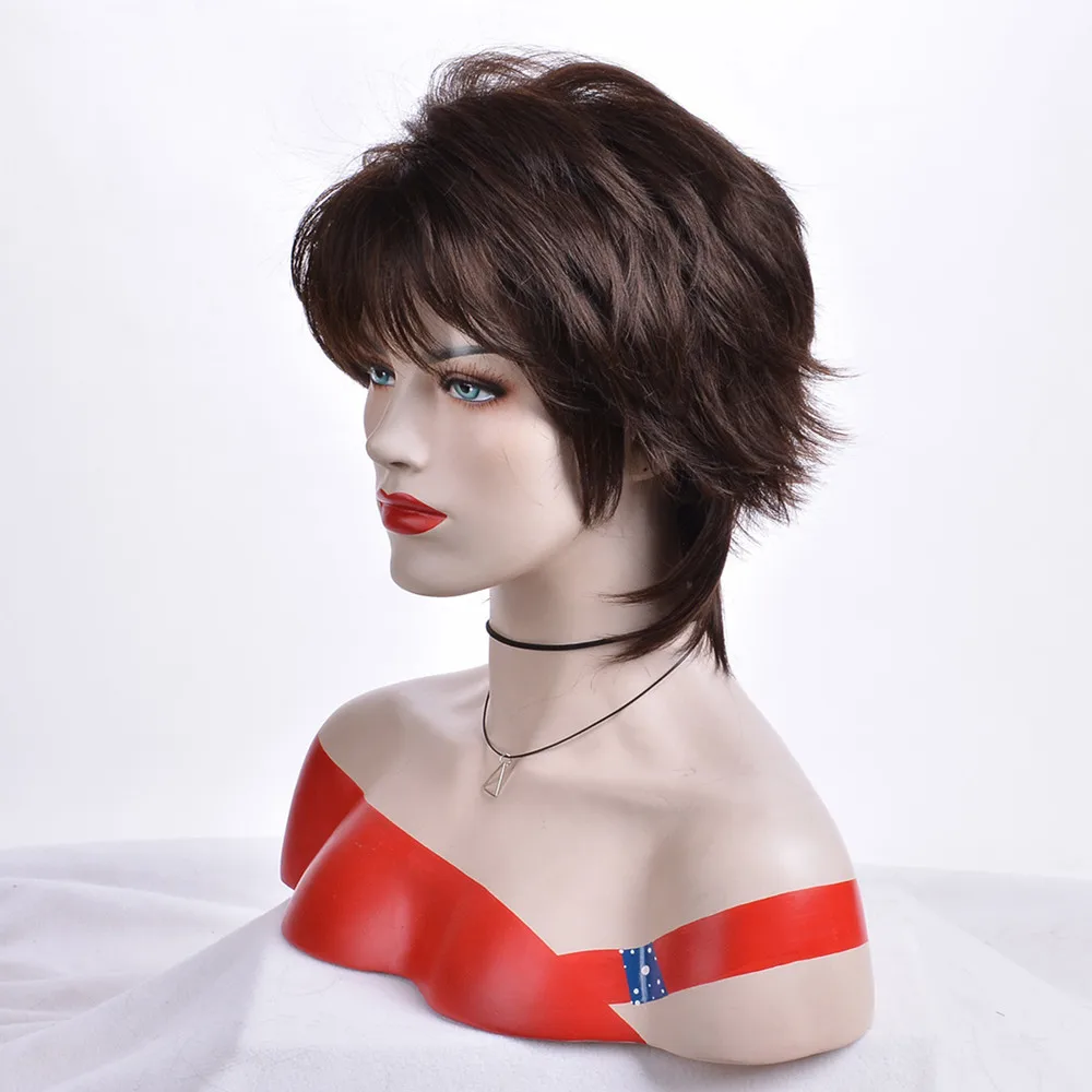 شعر مستعار قصير بمظهر طبيعي للنساء بني داكن مع غرة شعر صناعي مقاوم للحرارة #4