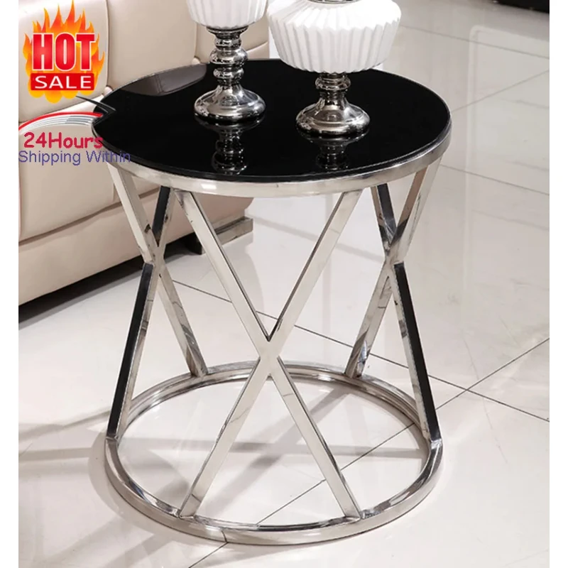 Stainless Steel Sofa Side Table Corner Table  Small Apartment Living Room Round Coffee Table End Table Tempered Glass Marble Top