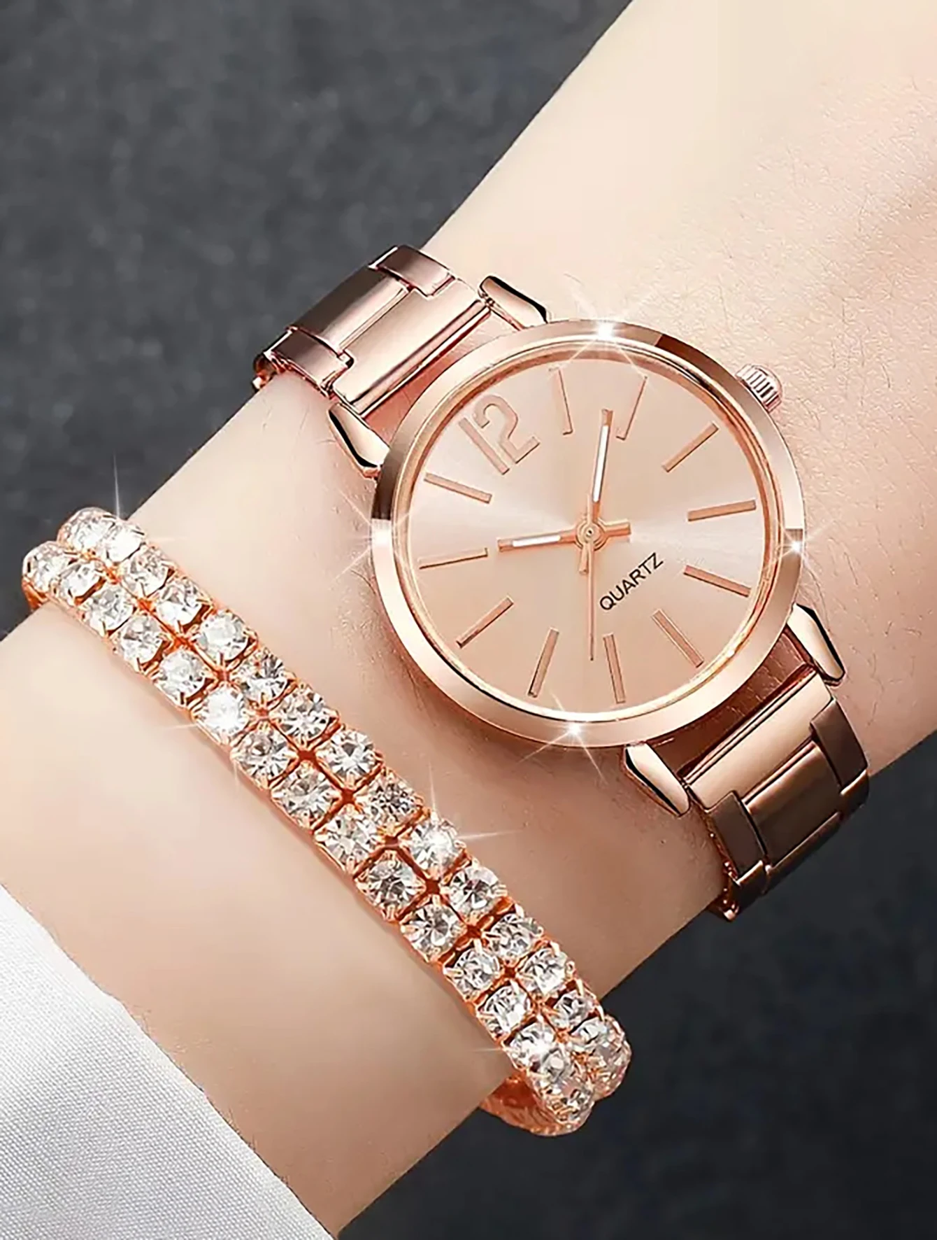 2PCS Casual fashion Alloy graduated Ladies Rhinestone quartz watch with double row full diamond bracelet set gift