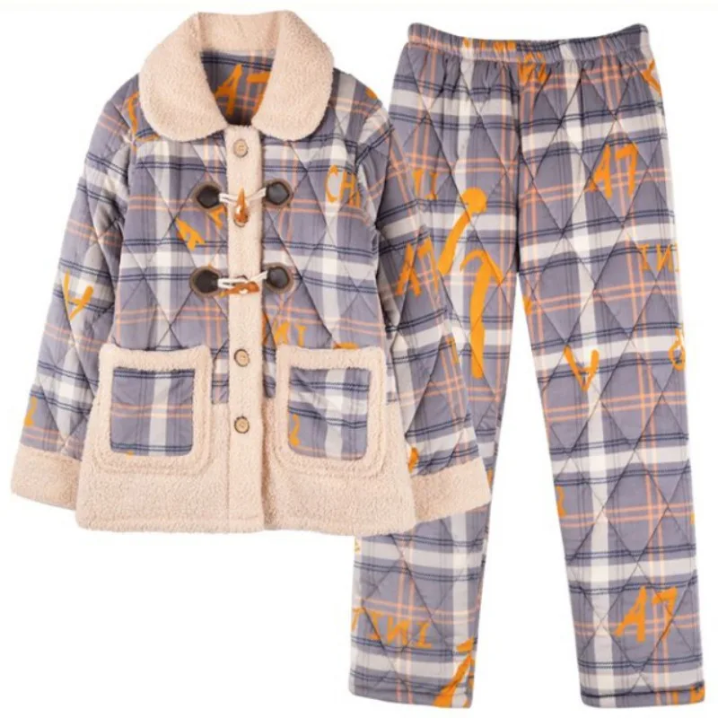 2024 New Pajama Women's Winter Three-layer Thickened Coral Fleece Loungewear Sandwich Cotton Autumn Warm Doll Collar Homewear